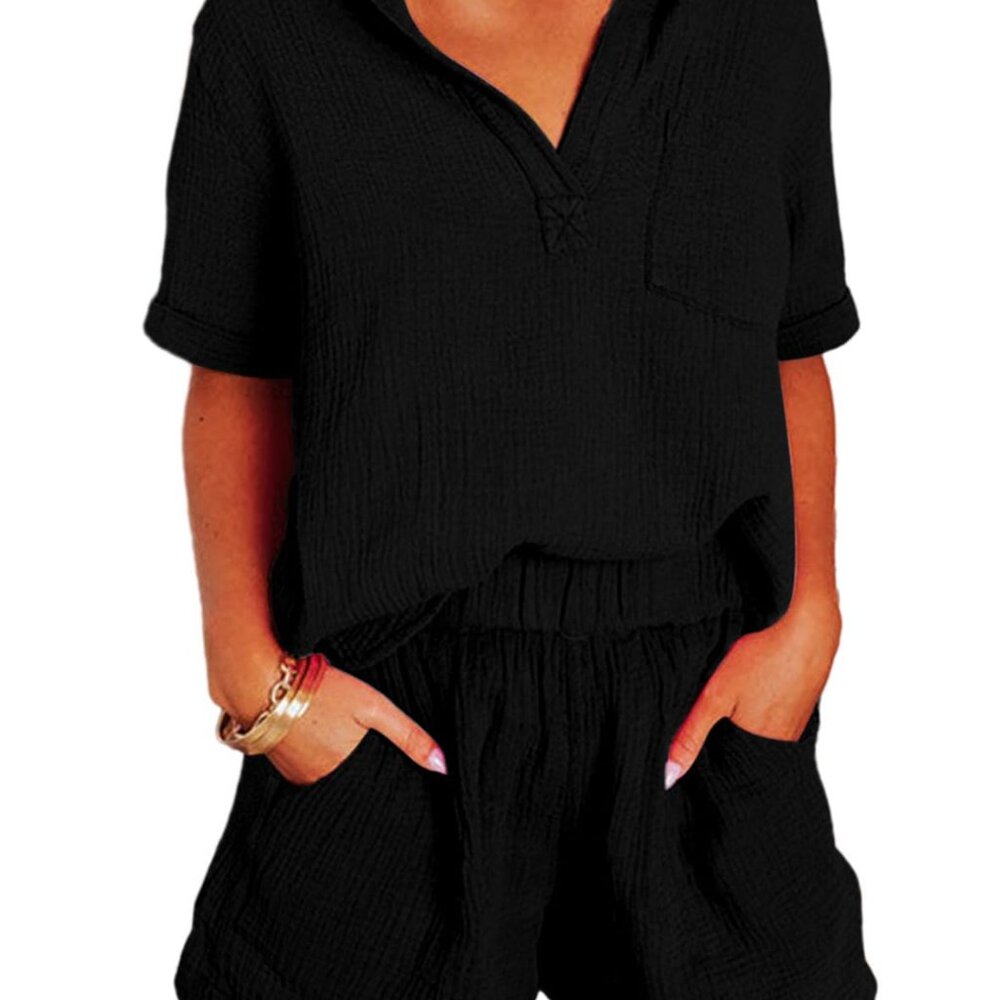 Two Piece Lounge Set V Neck Shirt High Waist Shorts Chic Summer Outfit